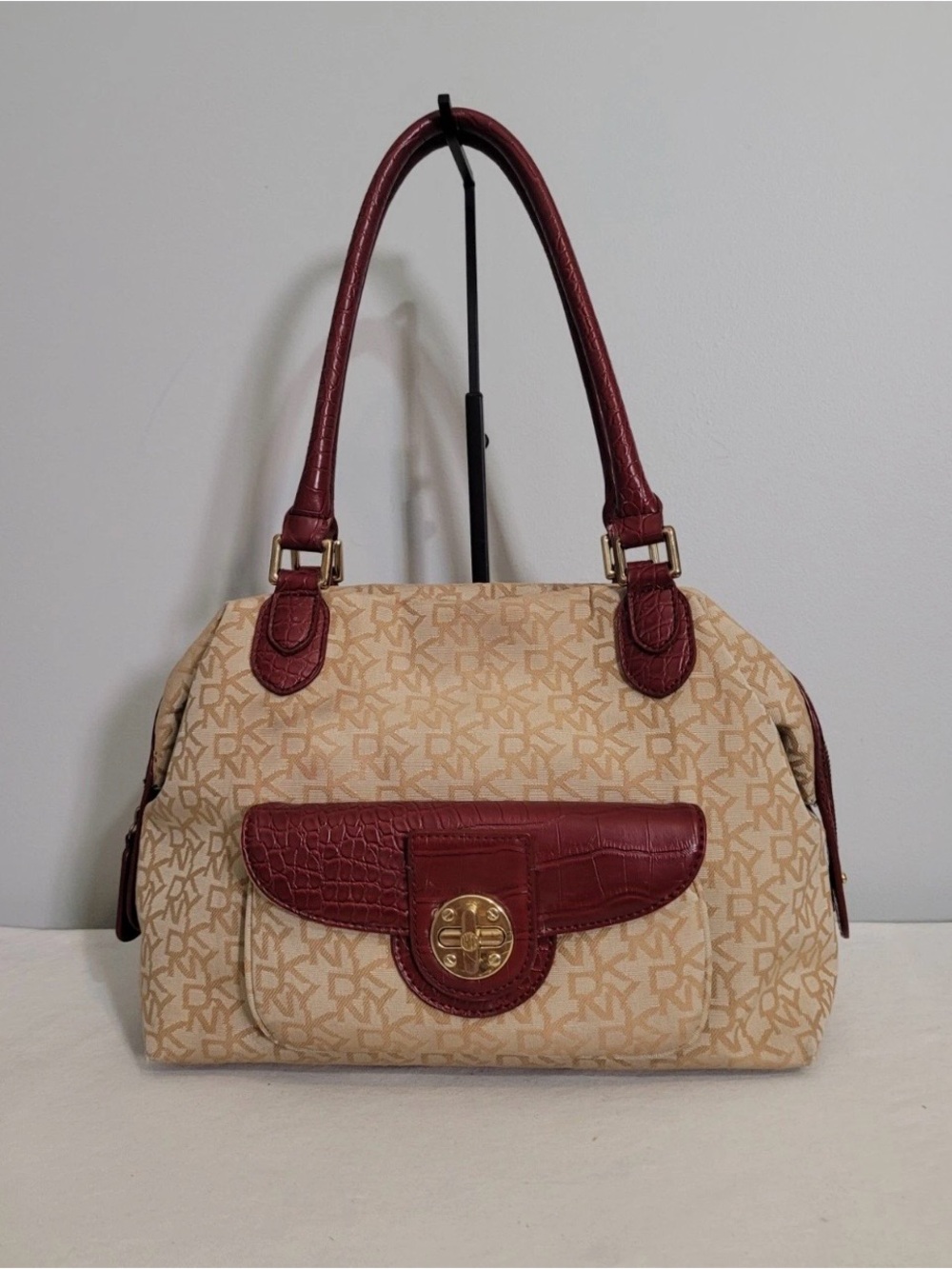 DKNY Signature Monogram Satchel Shoulder Bag Beige Tan Red Croc Turn Lock Y2K